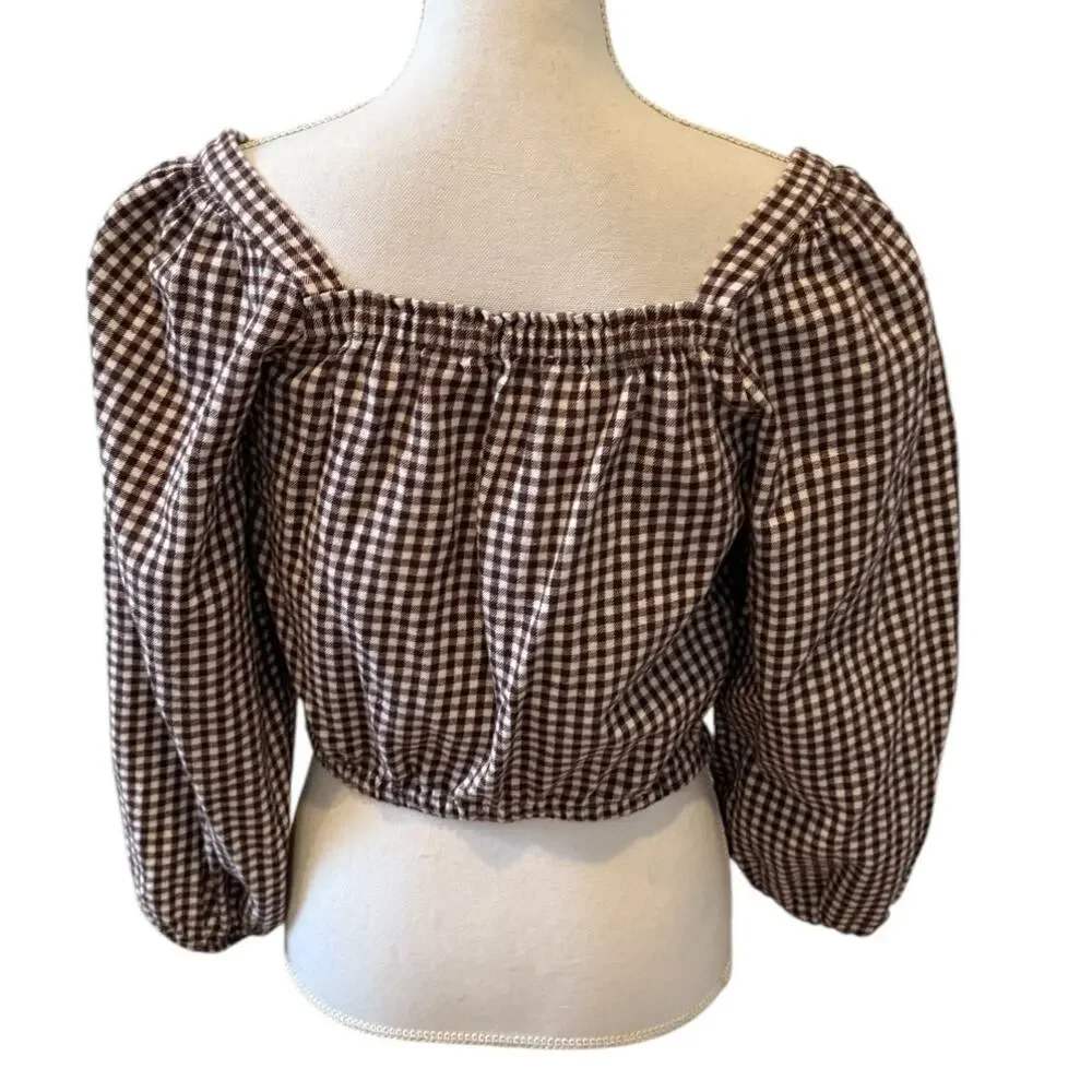 Madewell Puff Sleeve Cropped Flannel Top Chocolate Gingham Plaid M